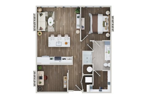 Floor plan for 1 bed, 1 bath, 901 sqft